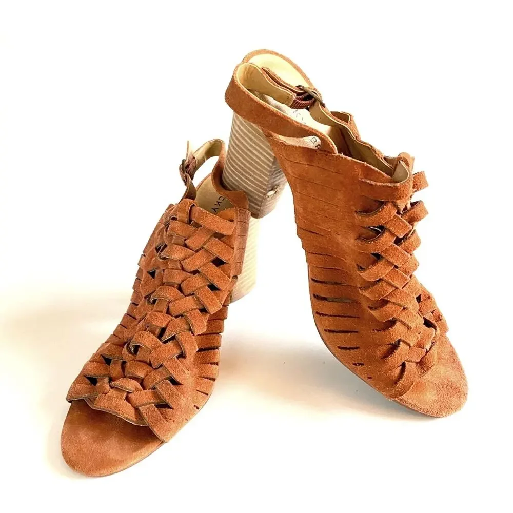 LUCKY BRAND Yvette Sandals Heels Rust Suede Woven Slingback Boho Western Sz 9
